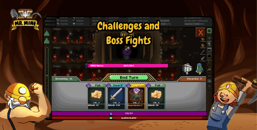 Mr. Mine boss fight gameplay showing a battle with Wild Necro. Player uses cards including fist and sword attacks with health, attack, and energy stats.