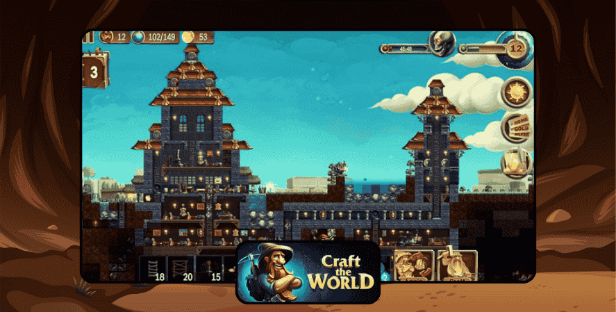 A screenshot of Craft the World featuring a large dwarven settlement with towers, resource counters, and dwarves building and exploring.