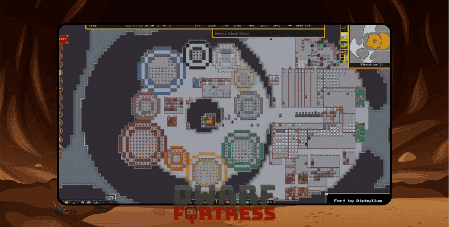 Dwarf Mining Game
A screenshot of Dwarf Fortress showing a top-down view of a fortress layout with circular and rectangular rooms, stockpiles, and workshops connected by tunnels.