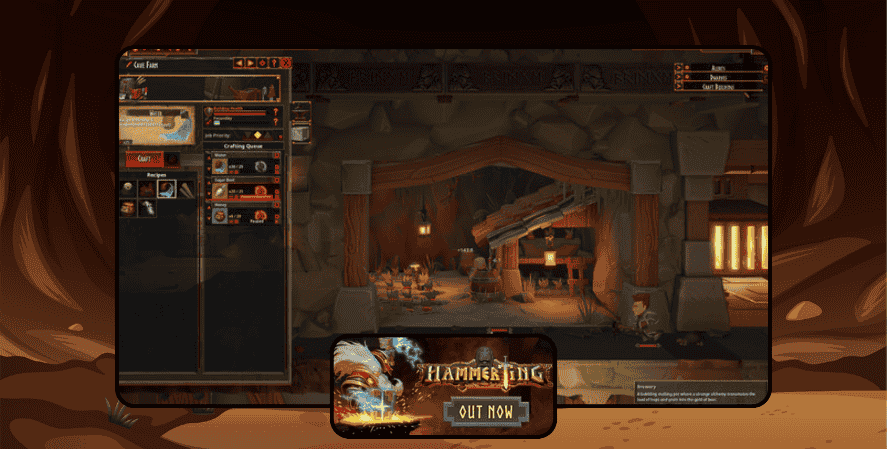 A screenshot of Hammerting showing a dwarven underground base with a forge, crafting stations, and menus for item crafting and management.
