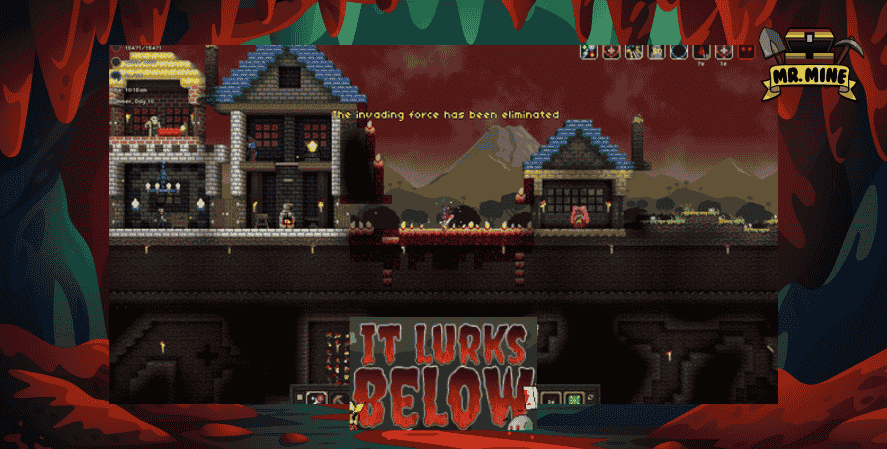 Gameplay of It Lurks Below showing RPG-style mining survival with pixel houses above ground and players battling enemies underground.