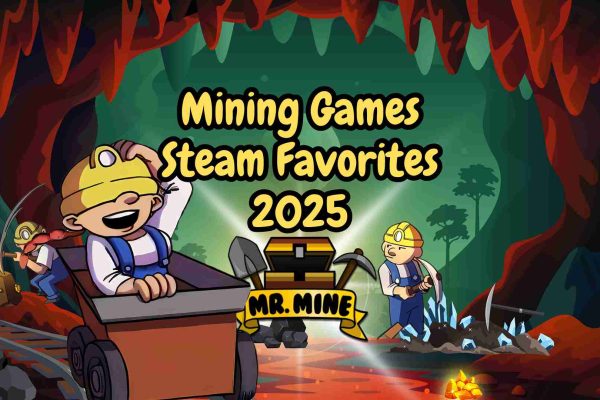 Mining Games Steam Mr. Mine themed illustration with miners in a cave, one riding a minecart and others digging for crystals. Text reads ‘Mining Games Steam Favorites 2025’ with a treasure chest logo in the center.