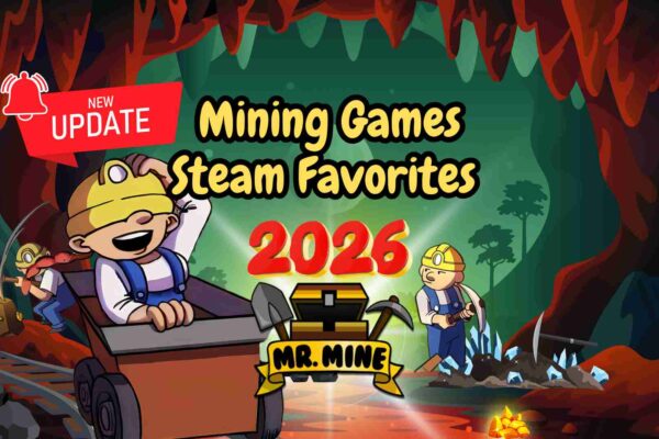 Mining Games Steam Favorites 2026 featuring Mr. Mine characters exploring an underground cave with mining tools and treasure.