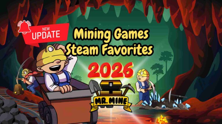 Mining Games Steam Favorites 2026 featuring Mr. Mine characters exploring an underground cave with mining tools and treasure.