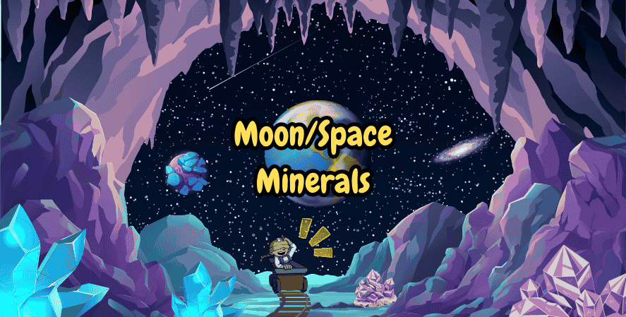 Mr. Mine space-themed cave scene with glowing crystals, a miner in a cart, and Earth in the background. Text reads Moon/Space Minerals.