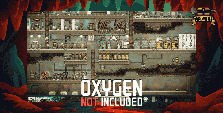 Screenshot of Oxygen Not Included showing base management and mining simulation with underground structures, rooms, and survival systems.