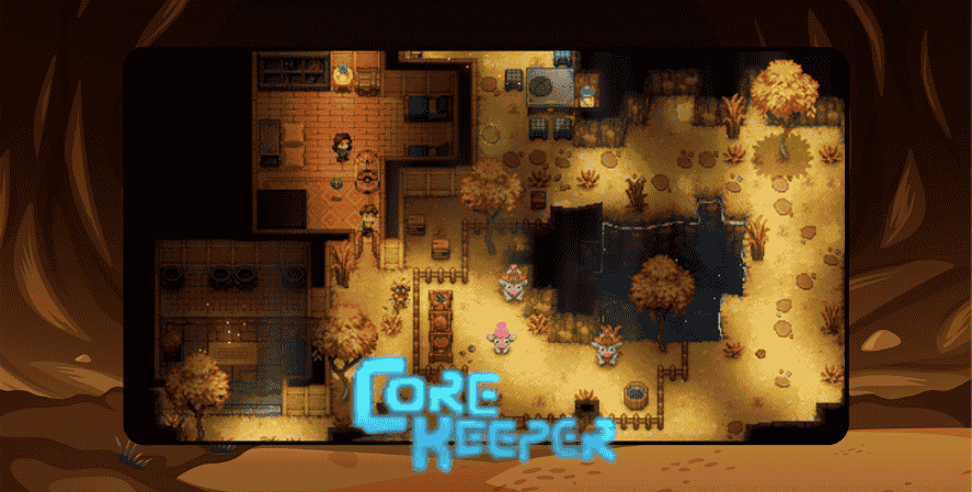 Mining Games Steam
Core Keeper gameplay screenshot showing sandbox mining adventure with characters exploring a glowing cave base, trees, and crafted structures. The Core Keeper logo is displayed at the bottom.