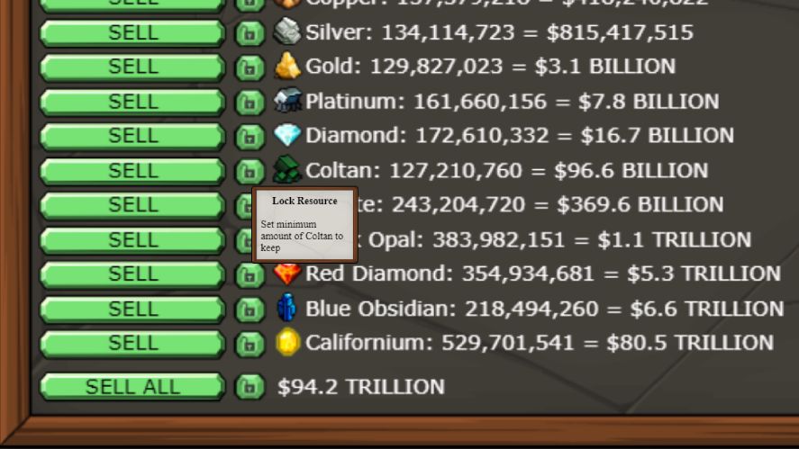 The mineral lock feature in the Sell Center