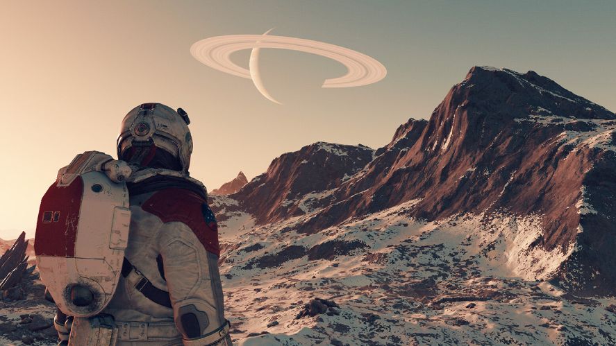 A character is standing in front of a giant mountain with galaxy above