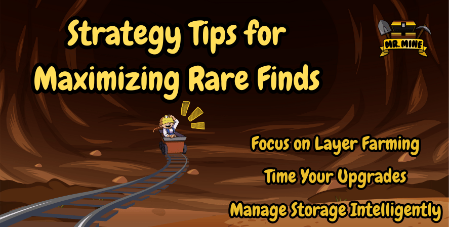 Mr. Mine illustration of a miner in a cart on underground tracks with text overlay: Strategy Tips for Maximizing Rare Finds. Tips include focusing on layer farming, timing upgrades, and managing storage.
