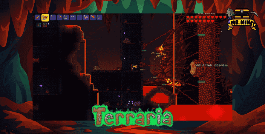 Terraria gameplay screenshot with 2D mining, crafting, and combat against the Wall of Flesh boss in a fiery underground biome.