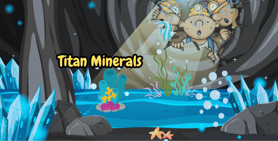 Mr. Mine artwork showing miners peeking into an underwater cave filled with glowing blue crystals and aquatic plants. Text reads Titan Minerals.