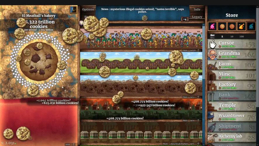 Cookie Clicker full production with 3.322 trillion cookies