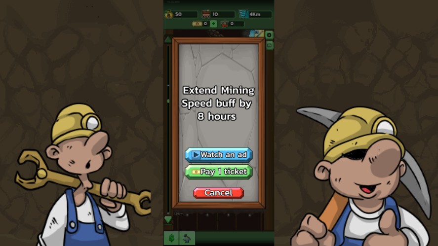 Watching an ad in Mr Mine Mobile to get a buff