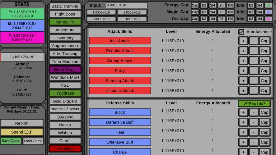NGU Idle basic training screen
