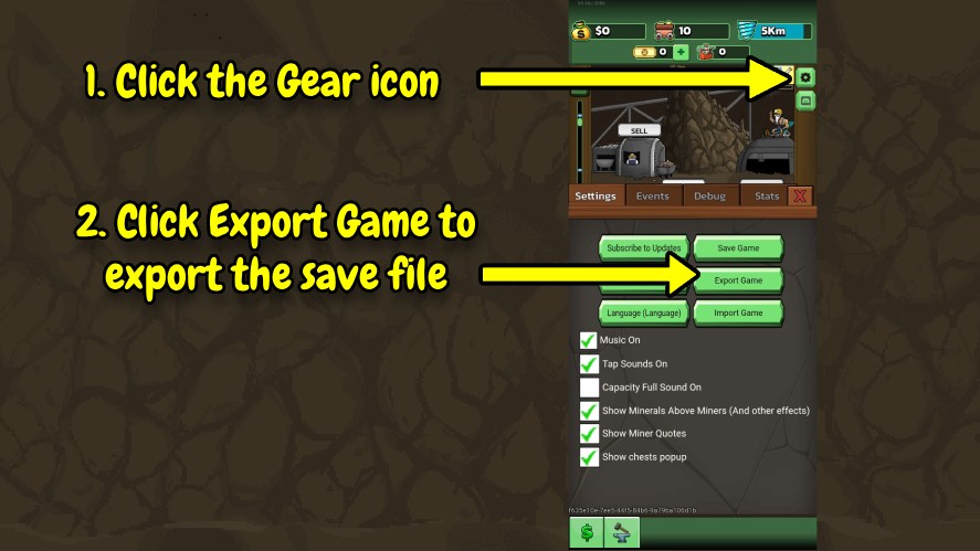 Steps to export your save file in Mr Mine Mobile