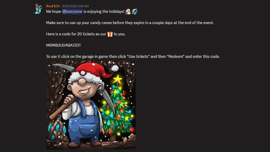 Austin's announcement in Mr. Mine Discord channel about the holiday and the redeem code