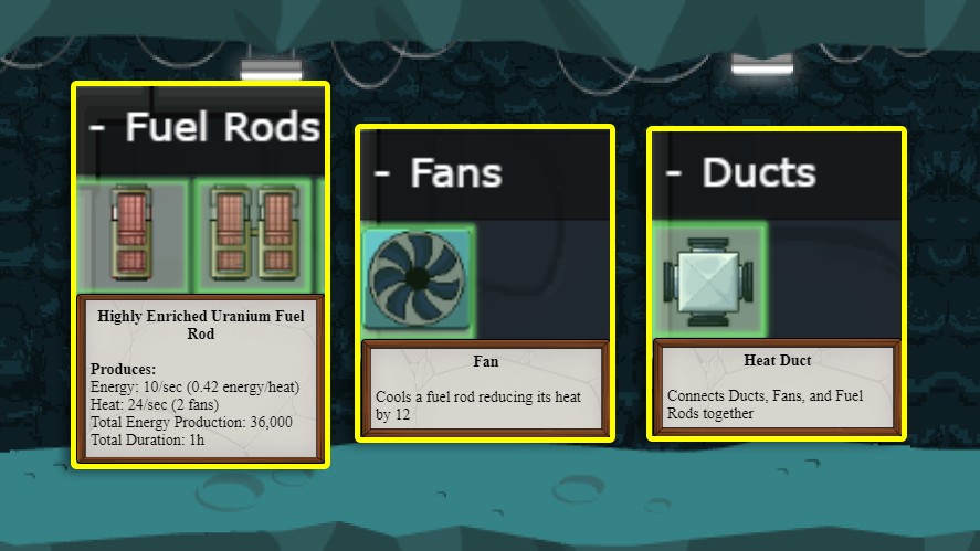 Fuel Rods, Fans, and Ducts' descriptions