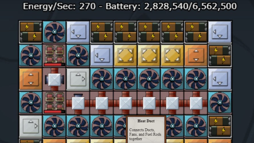 An example of a Mr Mine reactor layout with rods, fans, buffs, and heat ducts