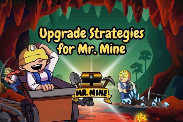 Cartoon miners underground with treasure chest and crystals, Upgrade Strategies for Mr. Mine game banner illustration.