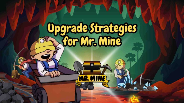 Cartoon miners underground with treasure chest and crystals, Upgrade Strategies for Mr. Mine game banner illustration.