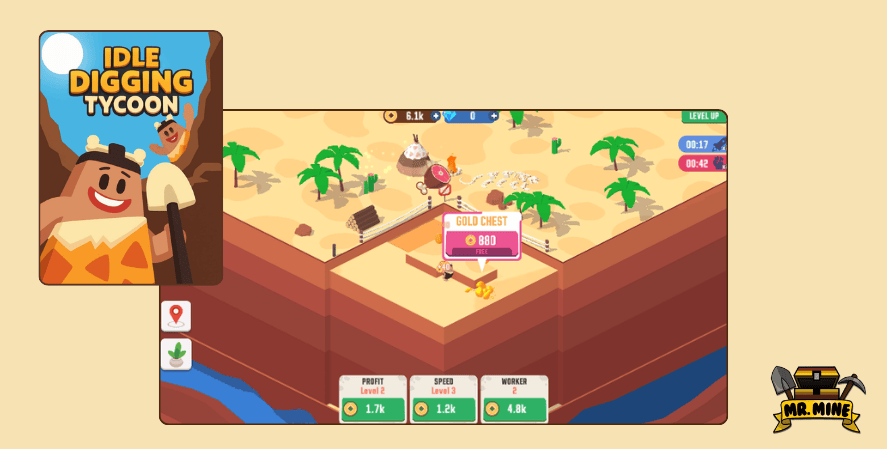 Idle Digging Tycoon gameplay showing excavation workers digging underground with upgrade panels and resource collection mechanics