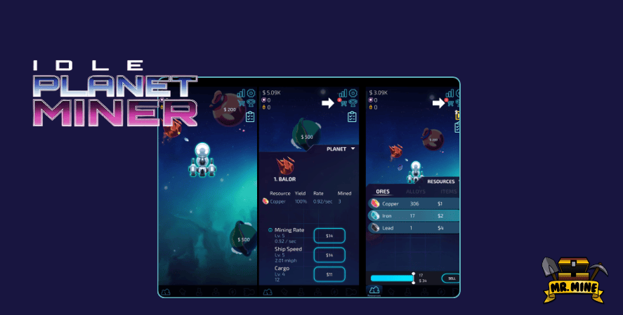 Idle Planet Miner gameplay showing space mining interface with asteroid resources and ship upgrades in a space themed incremental mining game