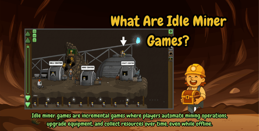 Idle miner games gameplay screenshot showing automated mining operation with sell center, hire center, and craft center in an incremental mining game