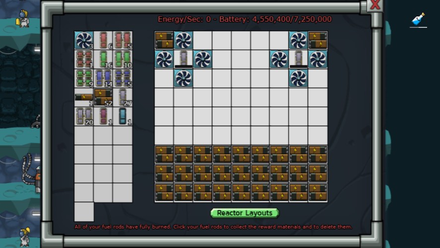 An example of the Reactor layout with grids filled with components and all the available component to the left