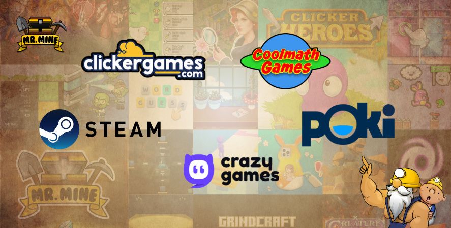 Best clicker game platforms graphic featuring ClickerGames, Coolmath Games, Steam, Poki, CrazyGames, and Mr. Mine logos