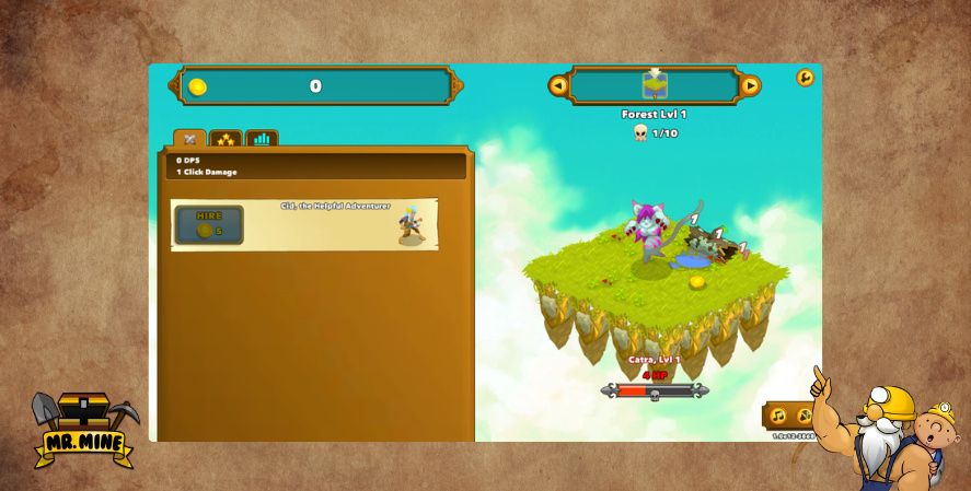 Clicker Heroes gameplay screenshot showing RPG idle combat, hero upgrades, and forest level progression