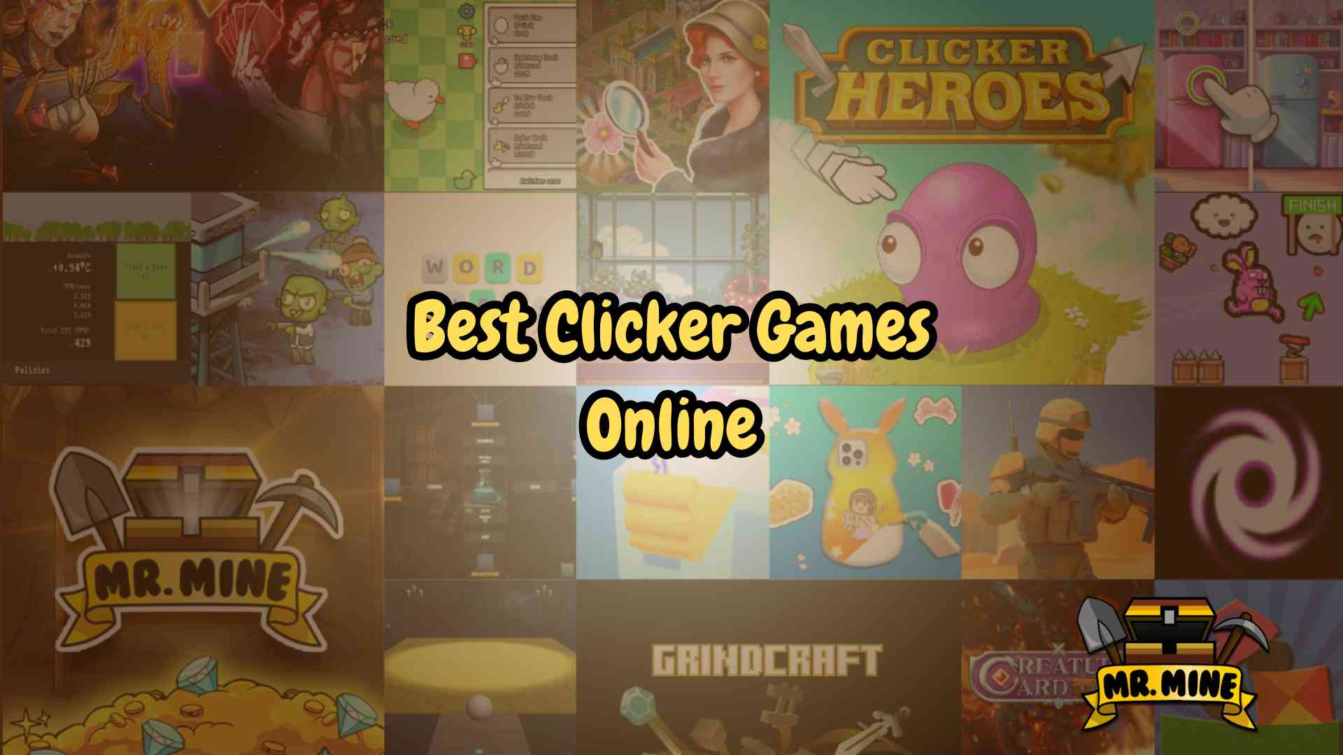 Best ClickerGames Online featured image with a collage of browser clicker games, Mr. Mine branding, and bold title text