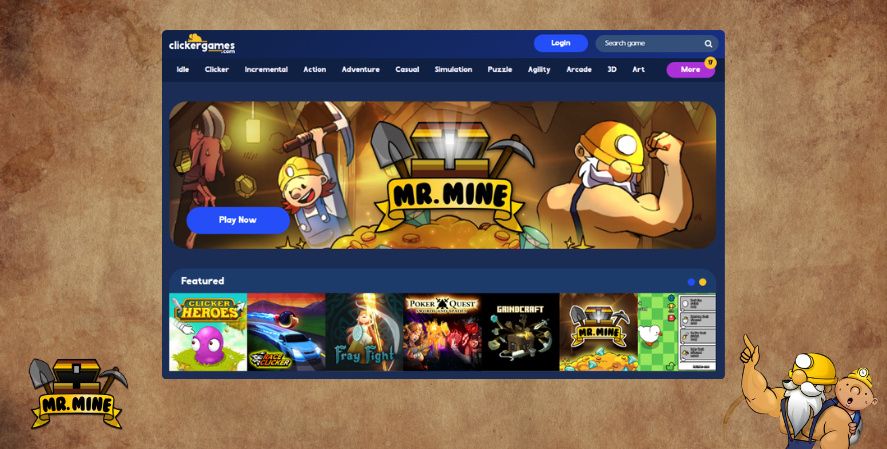 ClickerGames homepage screenshot featuring Mr. Mine and a collection of idle, clicker, and incremental games