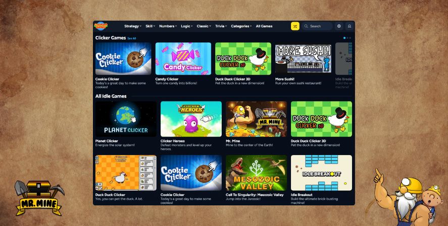 Coolmath Games clickergames page showing Cookie Clicker, Clicker Heroes, Mr. Mine, Idle Breakout, and other idle games