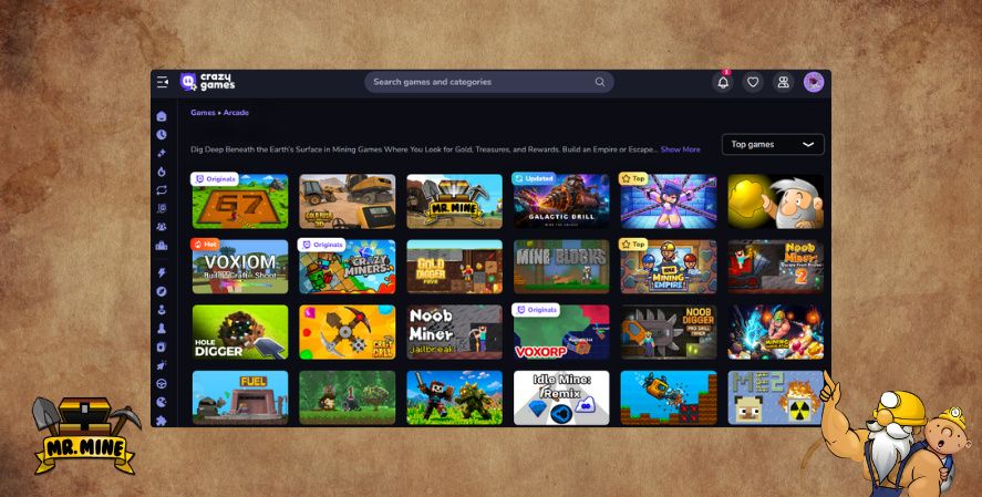 CrazyGames mining clickergames page showing browser-based mining and idle games including Mr. Mine