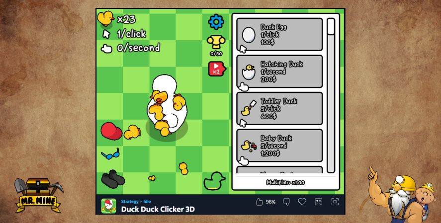 Duck Duck Clicker 3D screenshot showing a duck egg, duck upgrades, and idle clicker progress menu