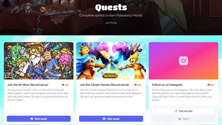 Quests to complete to earn Playsaurus points, include Join the game's Discord server and follow the developer on social medias
