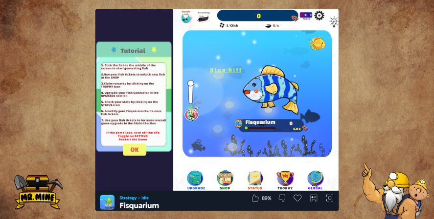 Fisquarium idle game screenshot showing an aquarium clicker interface with fish upgrades and tutorial panel