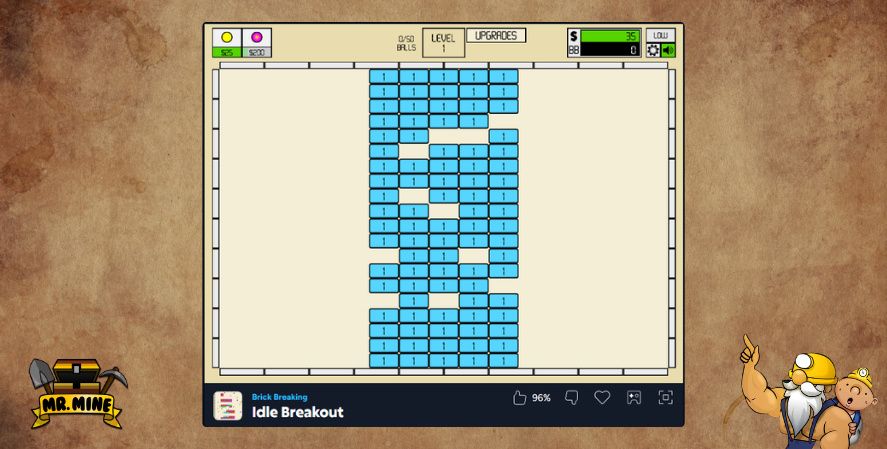 Idle Breakout screenshot showing brick-breaking idle gameplay with upgrades and score counters