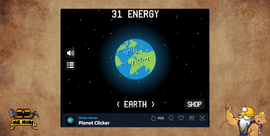 Planet Clicker screenshot showing Earth energy generation and space-themed clicker gameplay