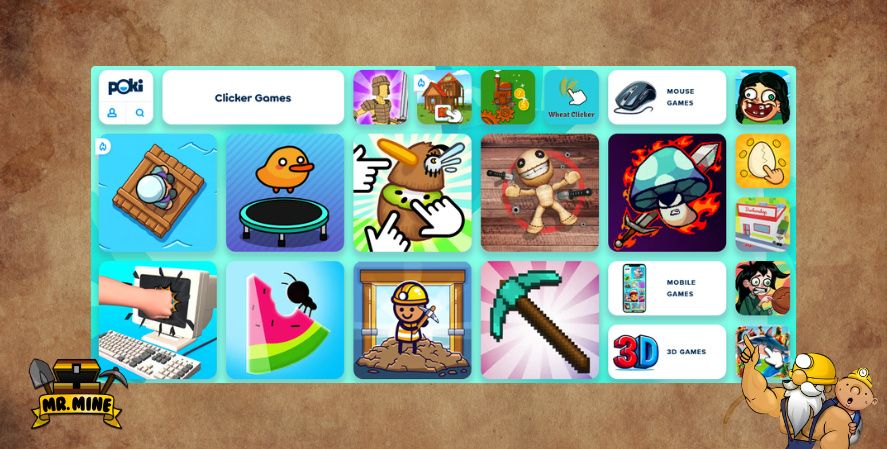Poki clickergames page showing a collection of casual clicker games and mobile-friendly browser games