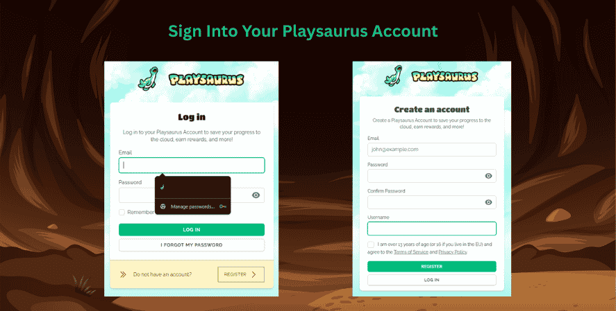 Playsaurus login and registration screens for accessing Mr. Mine points and rewards