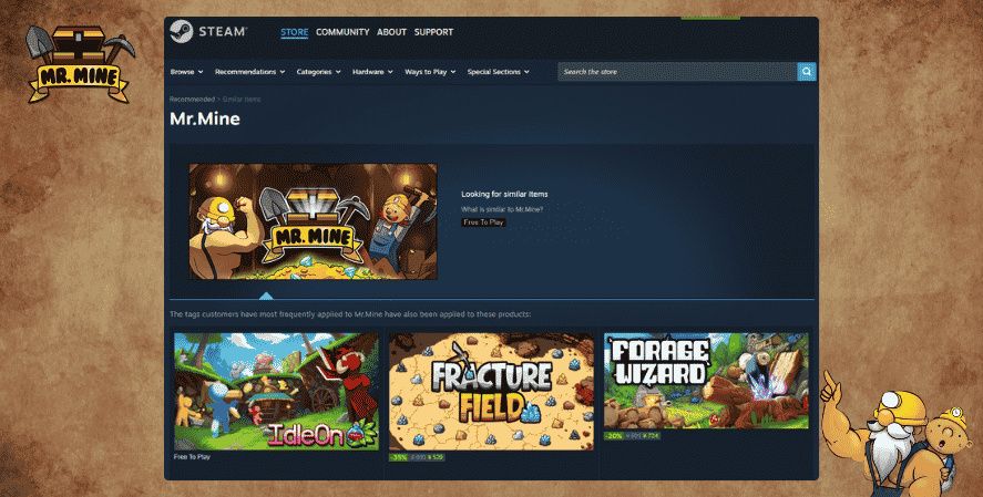 Steam search page for Mr. Mine showing free-to-play idle game clickergames recommendations and related titles