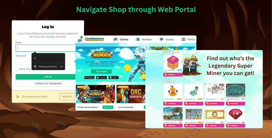 Playsaurus web portal showing how to access the Mr. Mine Point Shop online