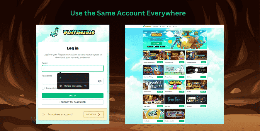 Playsaurus account login and game portal showing why players should use the same account everywhere