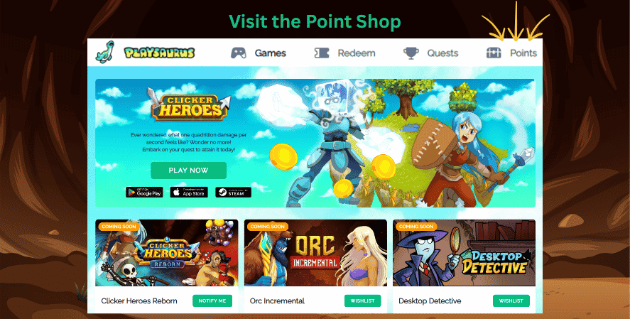 Playsaurus game portal with the Points tab highlighted for visiting the Point Shop