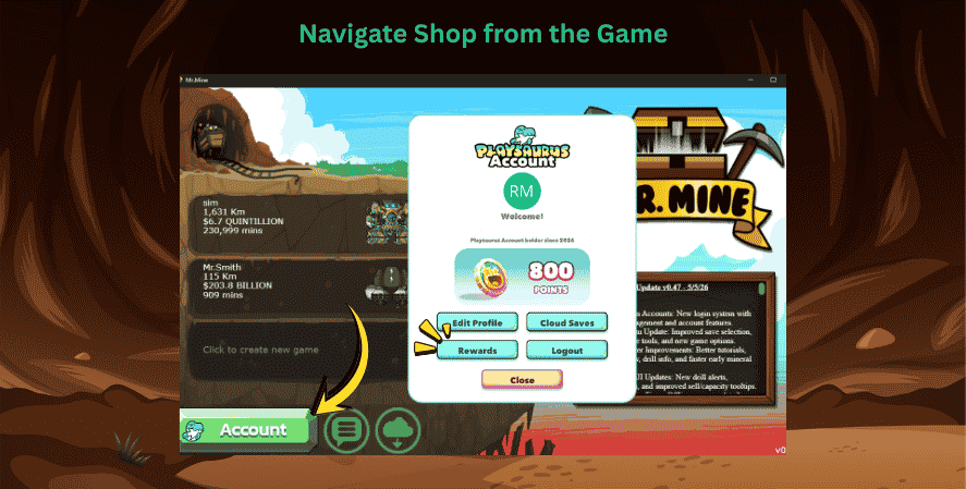 Mr. Mine game account menu showing how to open rewards from inside the game