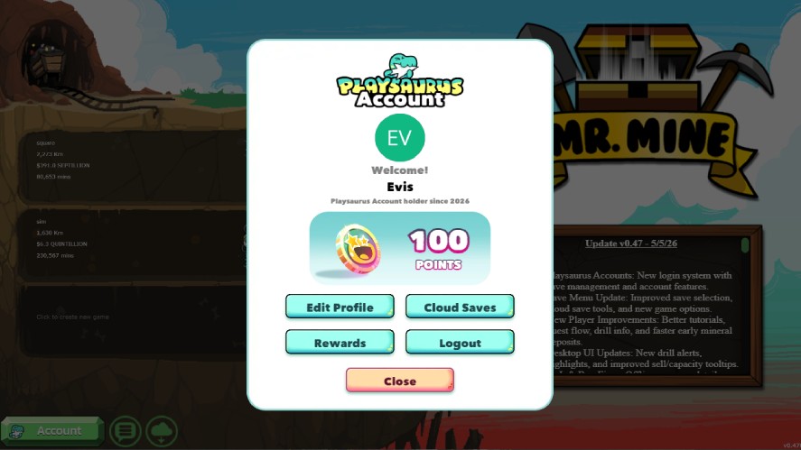 A logged in Playsaurus Account with account info, balance, Edit Profile, Cloud Saves, Rewards, and Logout