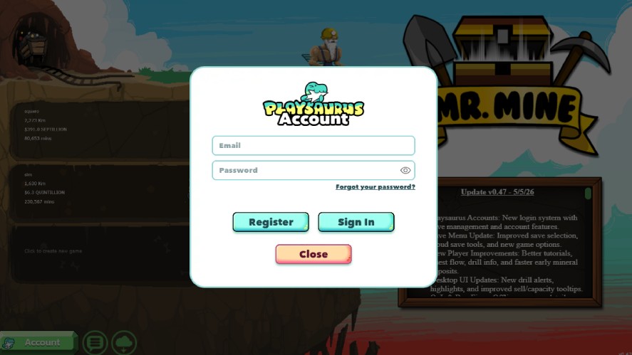Playsaurus Account login panel