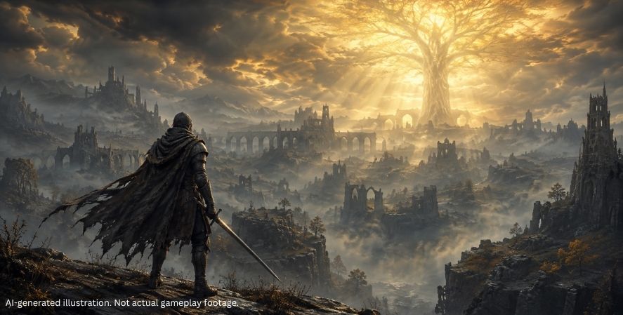 AI-generated dark fantasy warrior overlooking a ruined kingdom beneath a glowing golden tree.